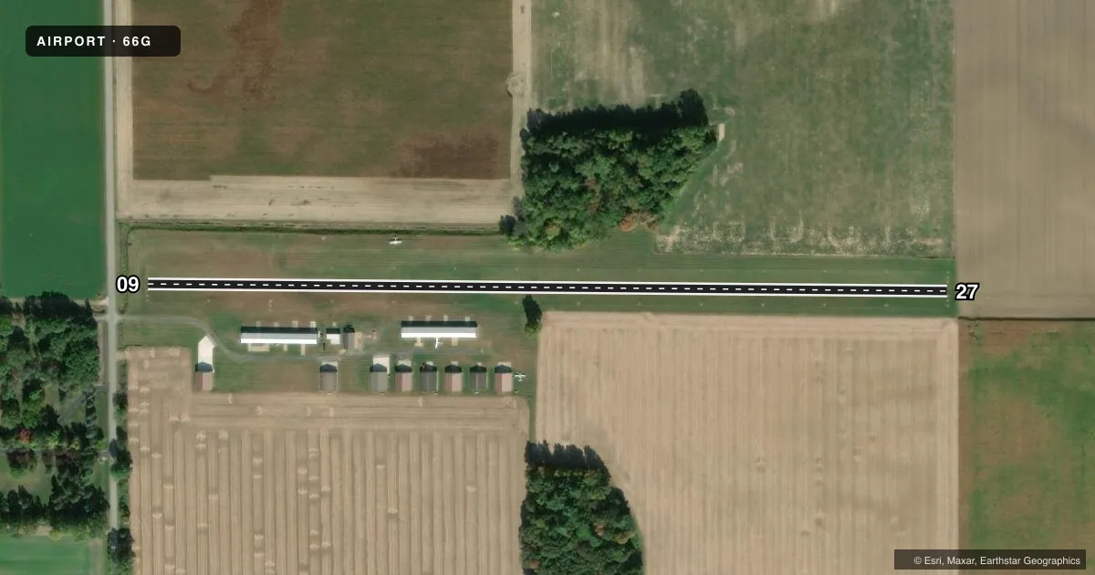 Top-down satellite sketch of 66G WM 'TINY' ZEHNDER FLD in FRANKENMUTH, MICHIGAN, showing runways 09/27 drawn to scale over Esri World Imagery