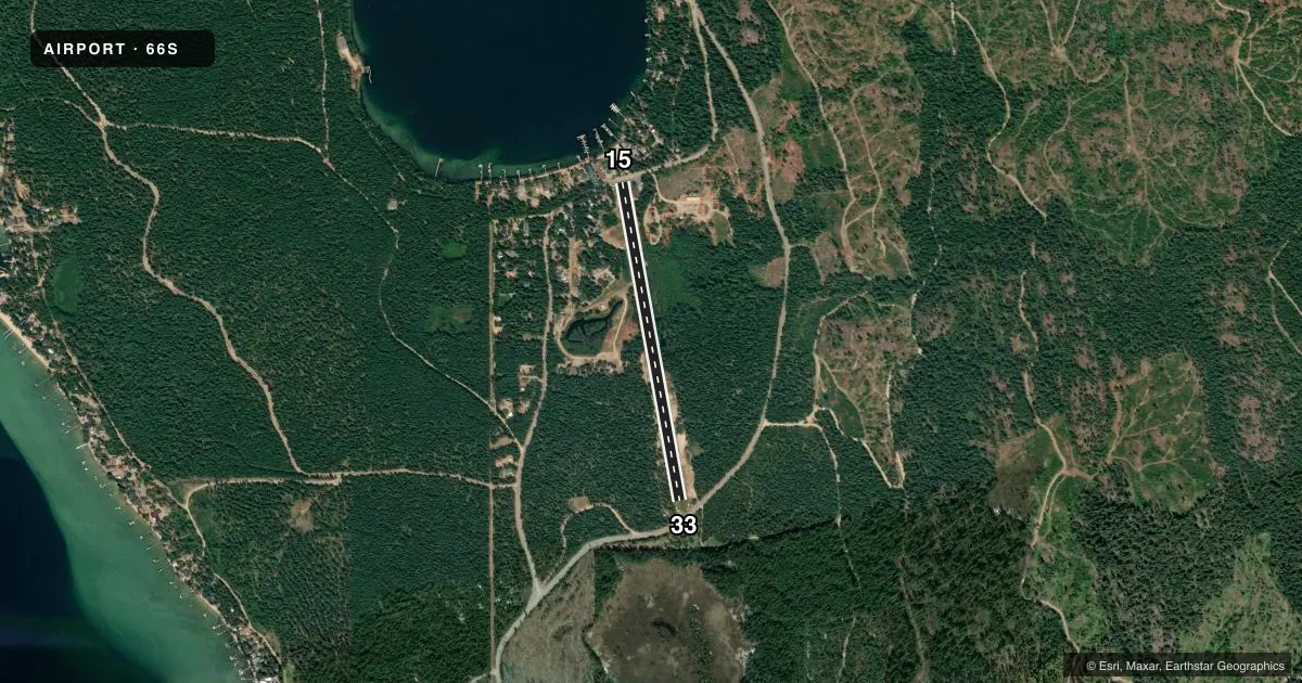 Top-down satellite sketch of 66S CAVANAUGH BAY in COOLIN, IDAHO, showing runways 15/33 drawn to scale over Esri World Imagery