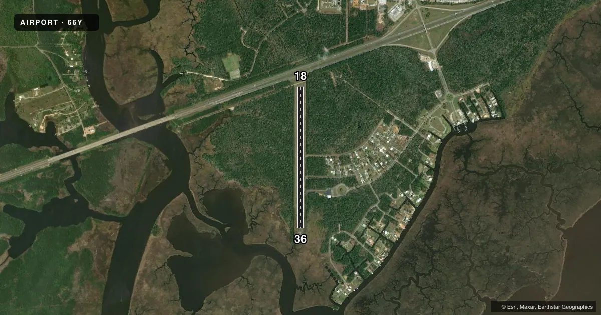 Top-down satellite sketch of 66Y DIAMONDHEAD in DIAMONDHEAD, MISSISSIPPI, showing runways 18/36 drawn to scale over Esri World Imagery
