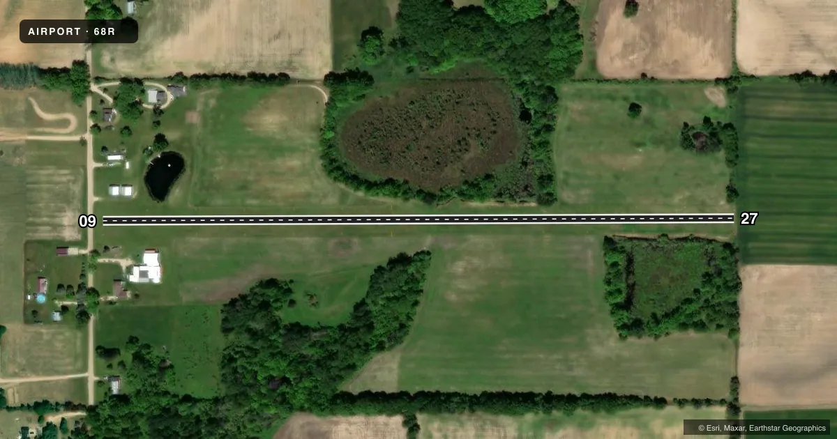 Top-down satellite sketch of 68R HAMP in ELWELL, MICHIGAN, showing runways 09/27 drawn to scale over Esri World Imagery