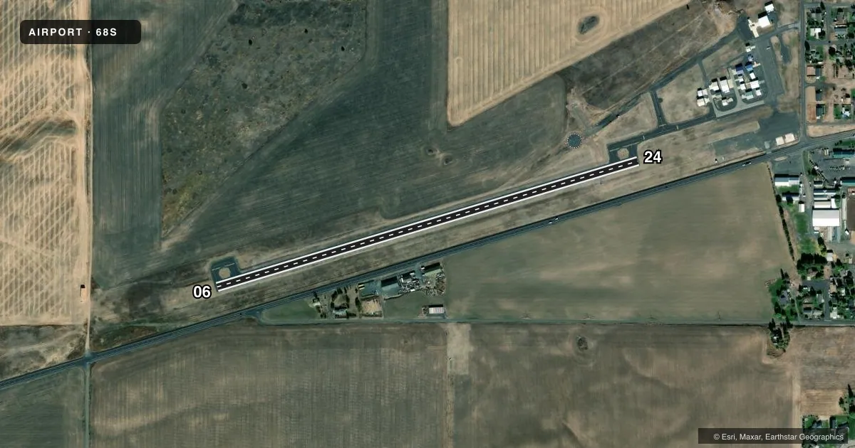 Top-down satellite sketch of 68S DAVENPORT in DAVENPORT, WASHINGTON, showing runways 06/24 drawn to scale over Esri World Imagery
