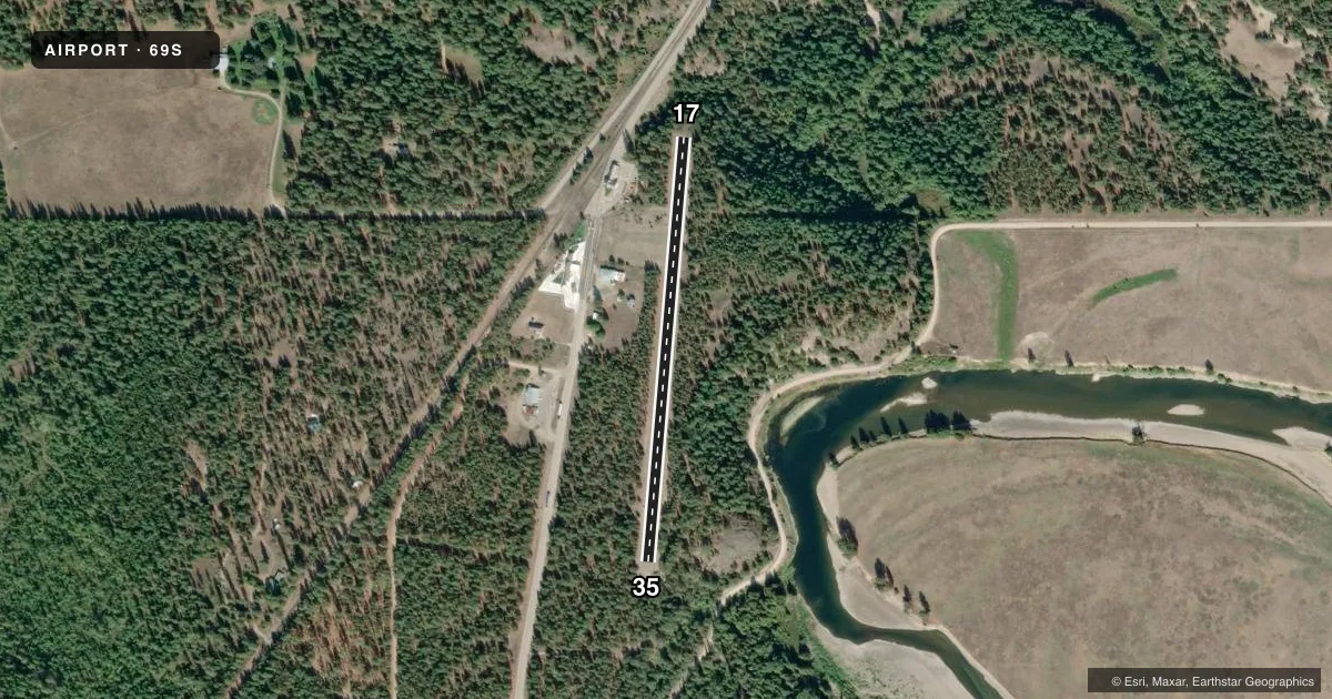 Top-down satellite sketch of 69S AVEY FLD in LAURIER, WASHINGTON, showing runways 17/35 drawn to scale over Esri World Imagery