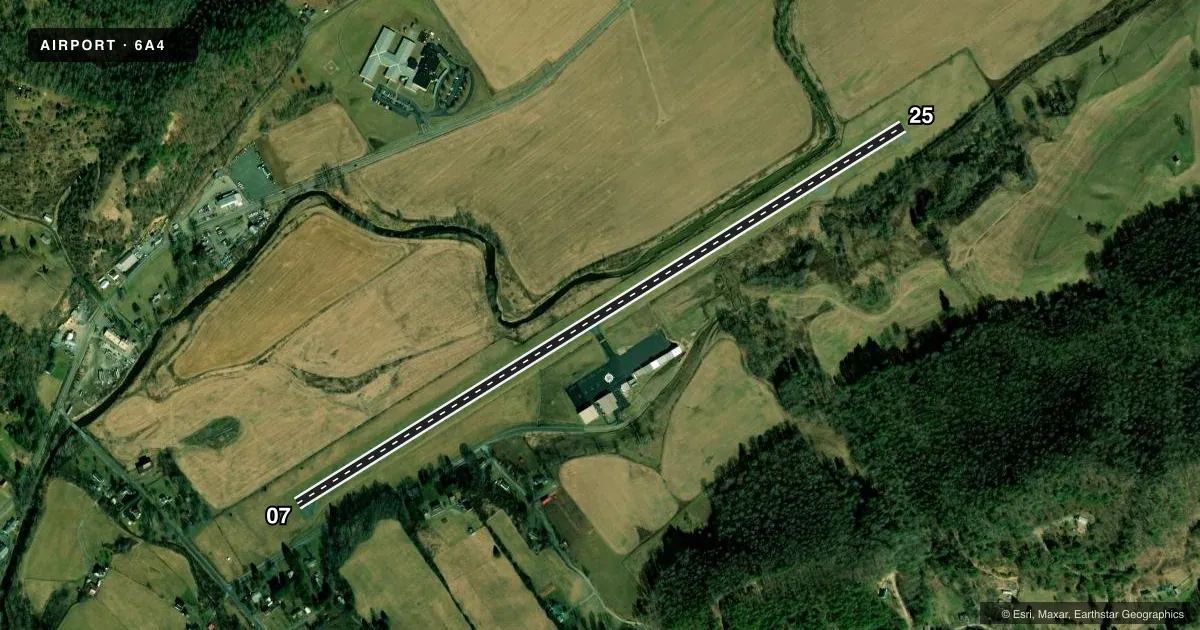 Top-down satellite sketch of 6A4 JOHNSON COUNTY in MOUNTAIN CITY, TENNESSEE, showing runways 07/25 drawn to scale over Esri World Imagery