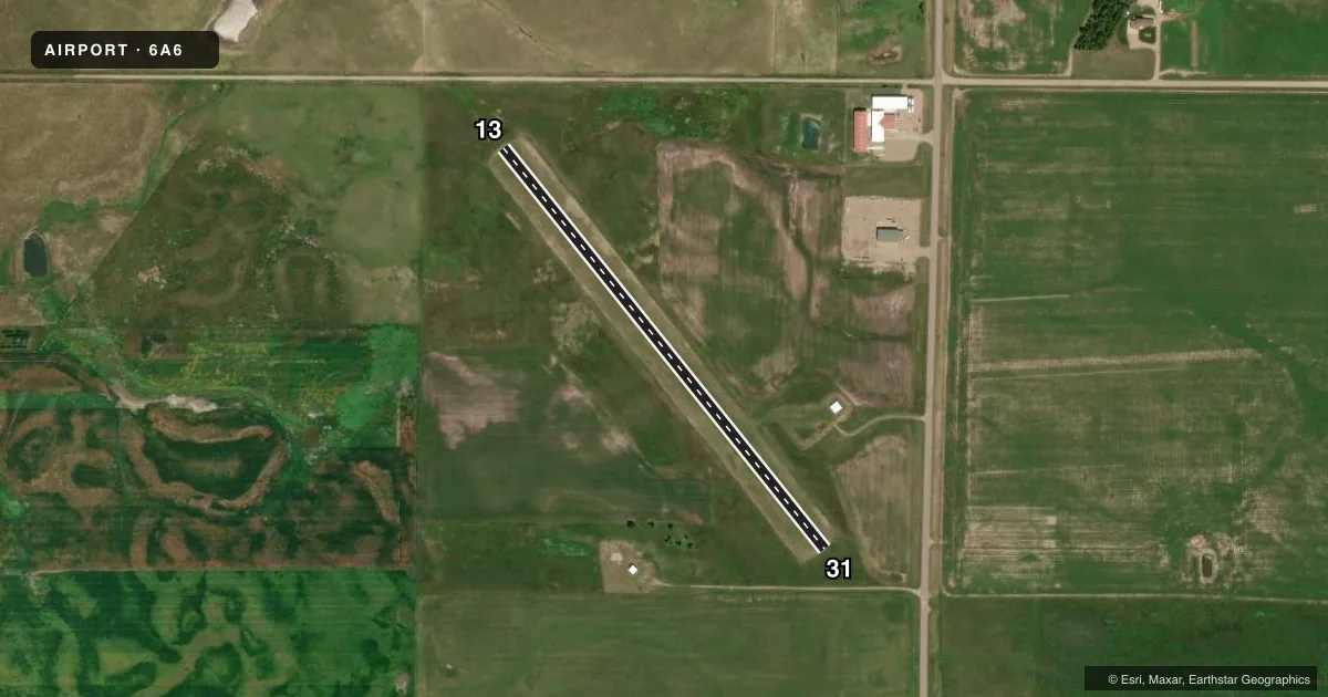 Top-down satellite sketch of 6A6 KIMBALL MUNI in KIMBALL, SOUTH DAKOTA, showing runways 13/31 drawn to scale over Esri World Imagery