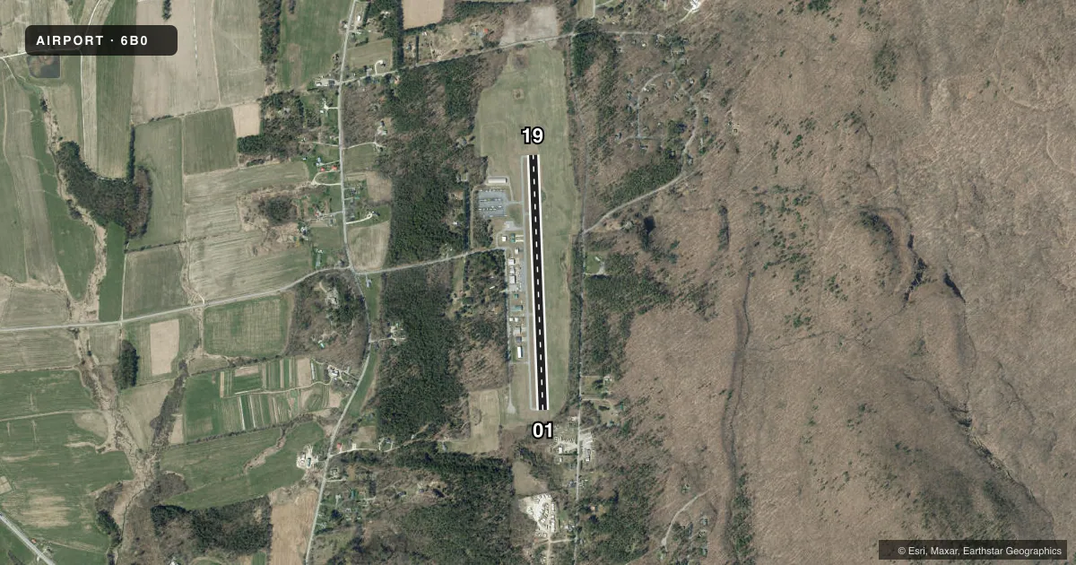 Top-down satellite sketch of 6B0 MIDDLEBURY STATE in MIDDLEBURY, VERMONT, showing runways 01/19 drawn to scale over Esri World Imagery