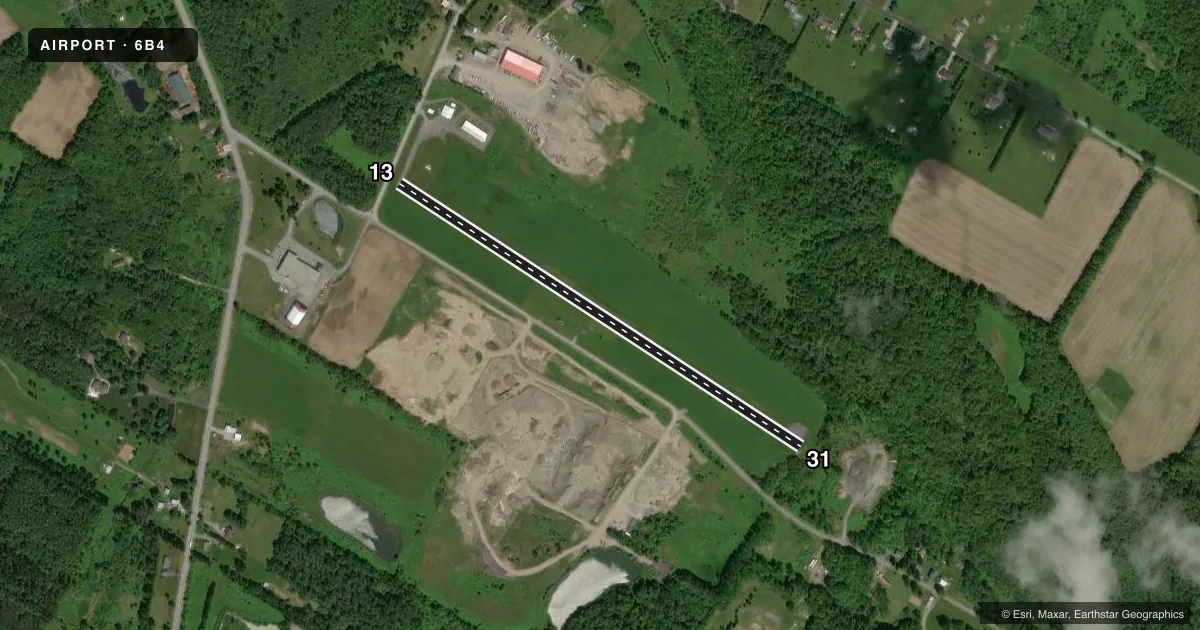 Top-down satellite sketch of 6B4 FRANKFORT-HIGHLAND in UTICA/FRANKFORT, NEW YORK, showing runways 13/31 drawn to scale over Esri World Imagery