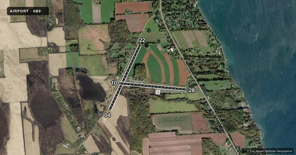 Top-down satellite sketch of 6B9 SKANEATELES AERO DROME in SKANEATELES, NEW YORK, showing runways 04/22, 10/28 drawn to scale over Esri World Imagery