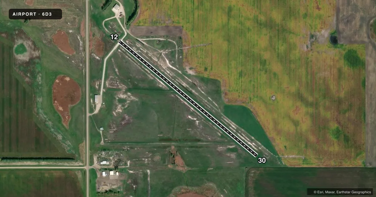 Top-down satellite sketch of 6D3 MADDOCK MUNI in MADDOCK, NORTH DAKOTA, showing runways 12/30 drawn to scale over Esri World Imagery