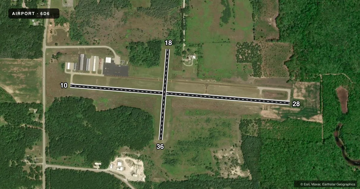 Top-down satellite sketch of 6D6 GREENVILLE MUNI in GREENVILLE, MICHIGAN, showing runways 10/28, 18/36 drawn to scale over Esri World Imagery
