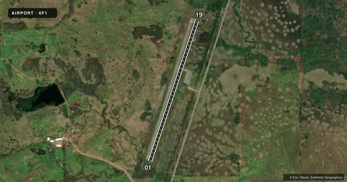 Top-down satellite sketch of 6F1 TALIHINA MUNI in TALIHINA, OKLAHOMA, showing runways 01/19 drawn to scale over Esri World Imagery