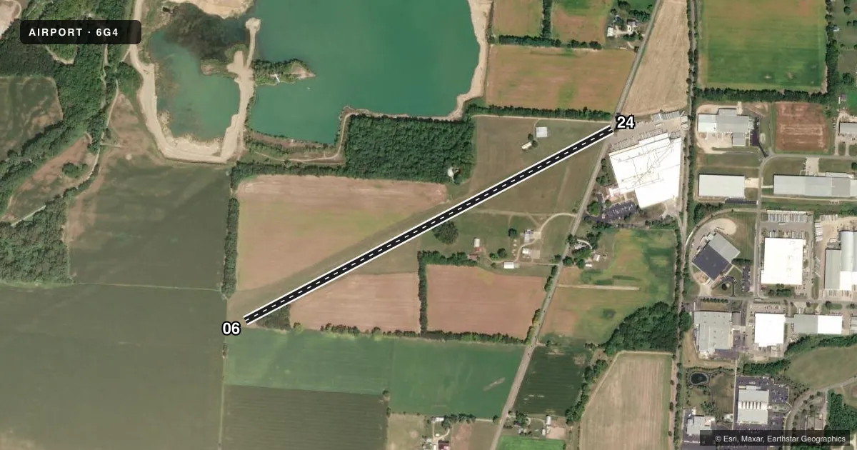 Top-down satellite sketch of 6G4 WYNKOOP in MOUNT VERNON, OHIO, showing runways 06/24 drawn to scale over Esri World Imagery