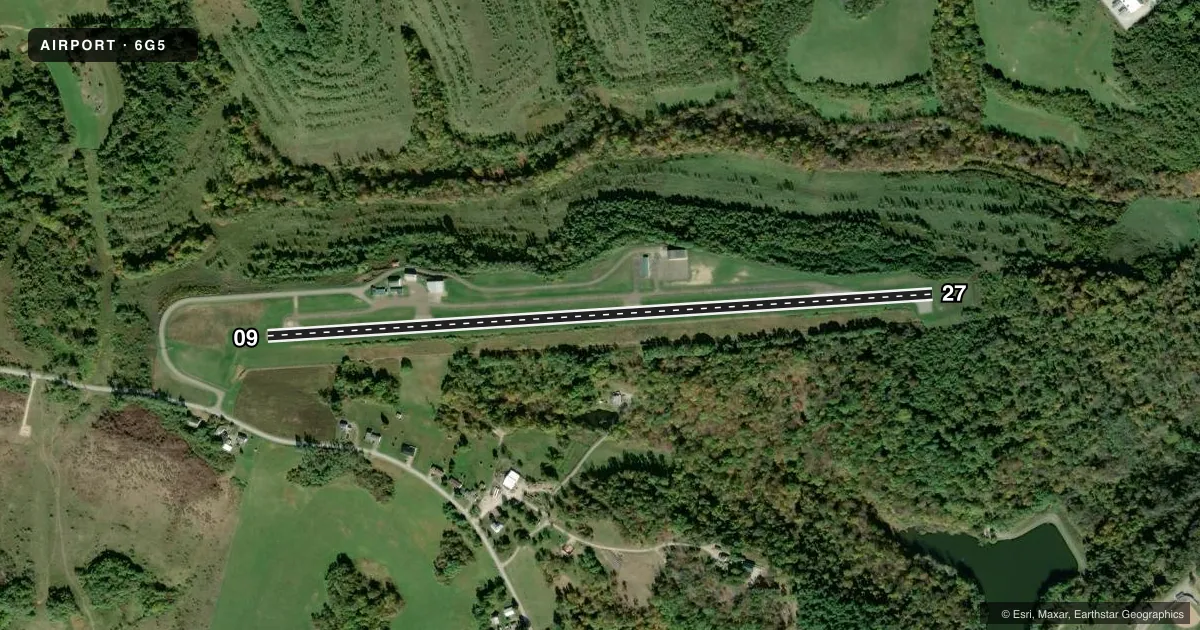Top-down satellite sketch of 6G5 BARNESVILLE/BRADFIELD in BARNESVILLE, OHIO, showing runways 09/27 drawn to scale over Esri World Imagery