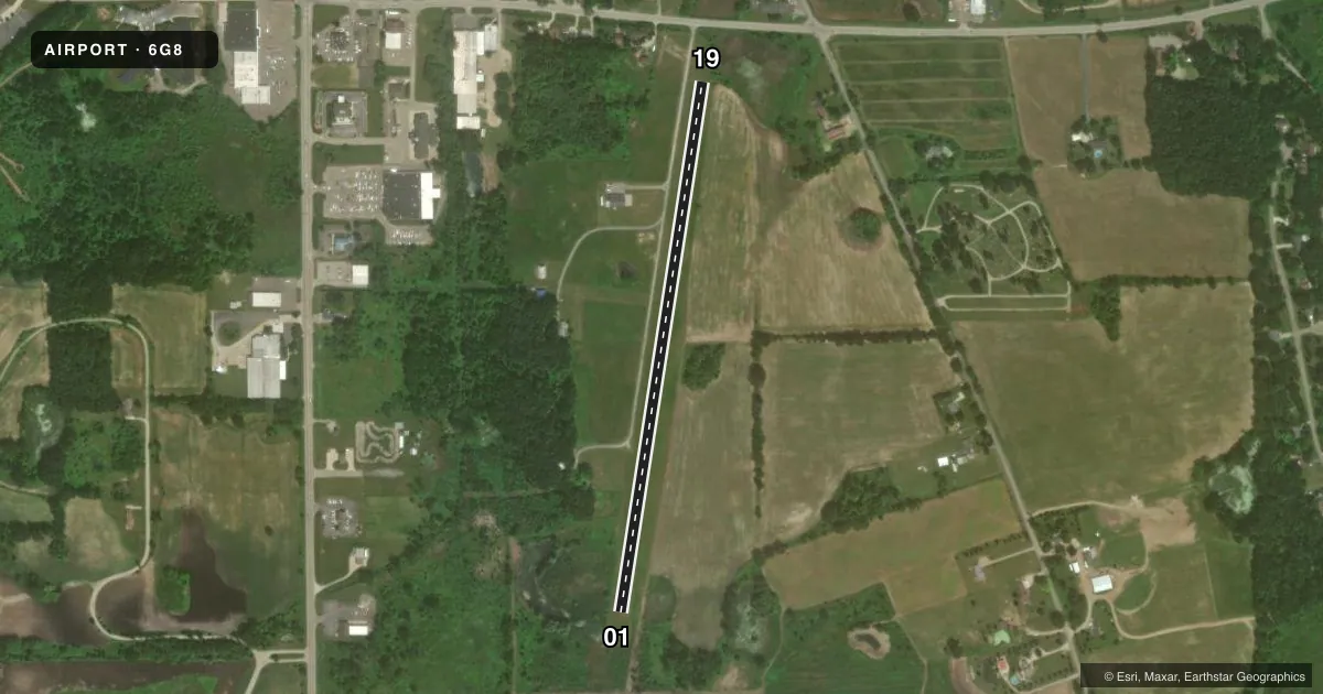 Top-down satellite sketch of 6G8 BROOKLYN in BROOKLYN, MICHIGAN, showing runways 01/19 drawn to scale over Esri World Imagery
