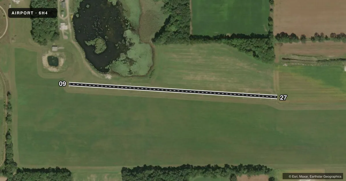 Top-down satellite sketch of 6H4 VAN WAGNEN in NAPOLEON, MICHIGAN, showing runways 09/27 drawn to scale over Esri World Imagery