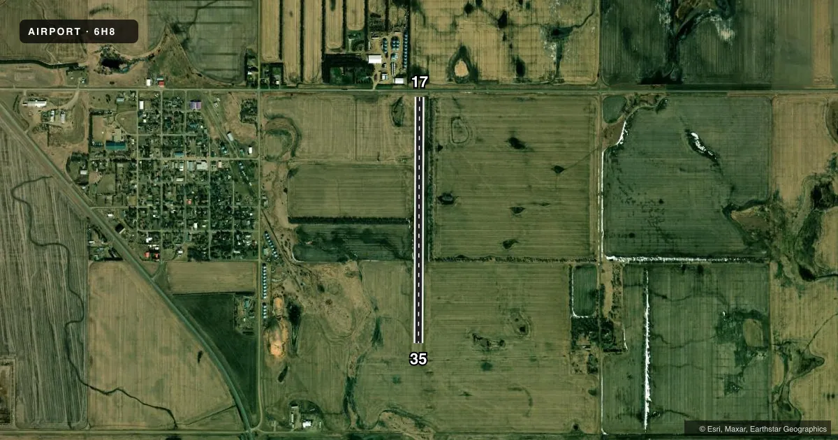 Top-down satellite sketch of 6H8 HAZELTON MUNI in HAZELTON, NORTH DAKOTA, showing runways 17/35 drawn to scale over Esri World Imagery