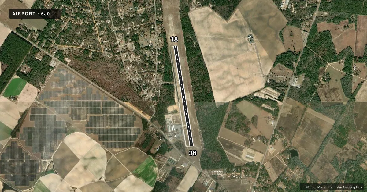 Top-down satellite sketch of 6J0 LEXINGTON COUNTY in PELION, SOUTH CAROLINA, showing runways 18/36 drawn to scale over Esri World Imagery