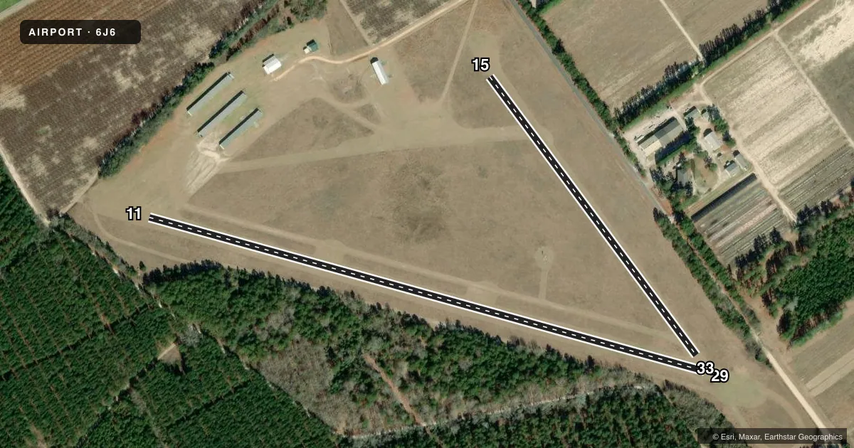 Top-down satellite sketch of 6J6 EDGEFIELD COUNTY in TRENTON, SOUTH CAROLINA, showing runways 11/29, 15/33 drawn to scale over Esri World Imagery