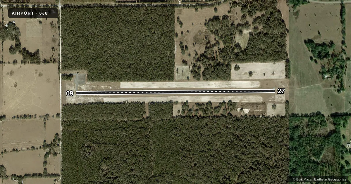 Top-down satellite sketch of 6J8 OAK TREE LANDING in HIGH SPRINGS, FLORIDA, showing runways 09/27 drawn to scale over Esri World Imagery