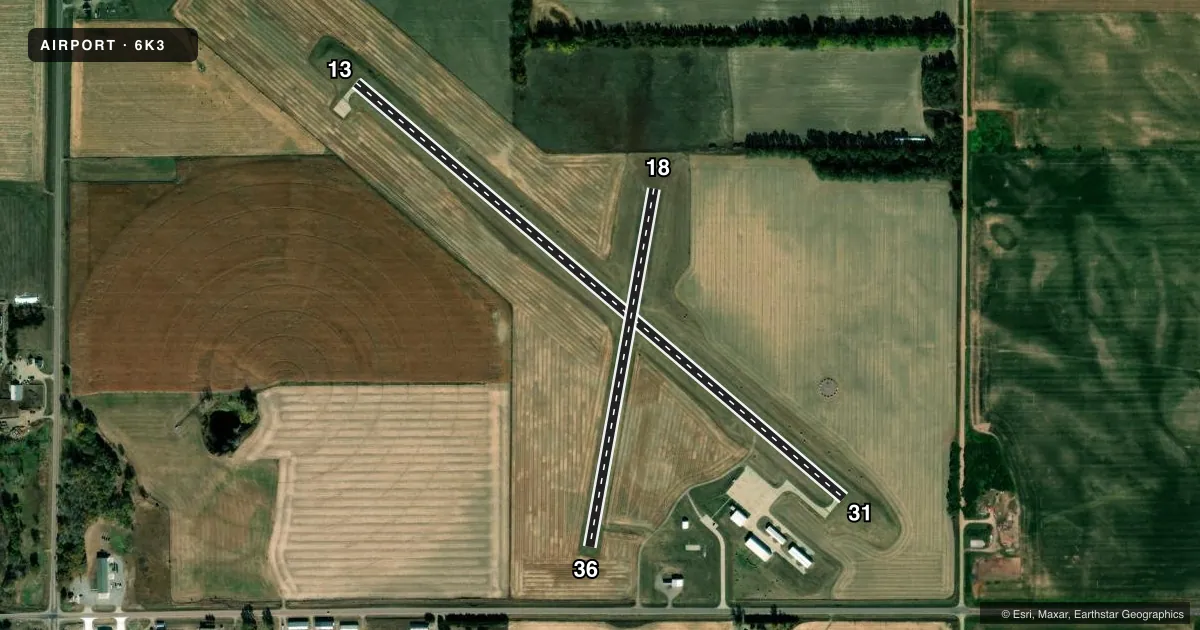 Top-down satellite sketch of 6K3 CREIGHTON MUNI in CREIGHTON, NEBRASKA, showing runways 13/31, 18/36 drawn to scale over Esri World Imagery