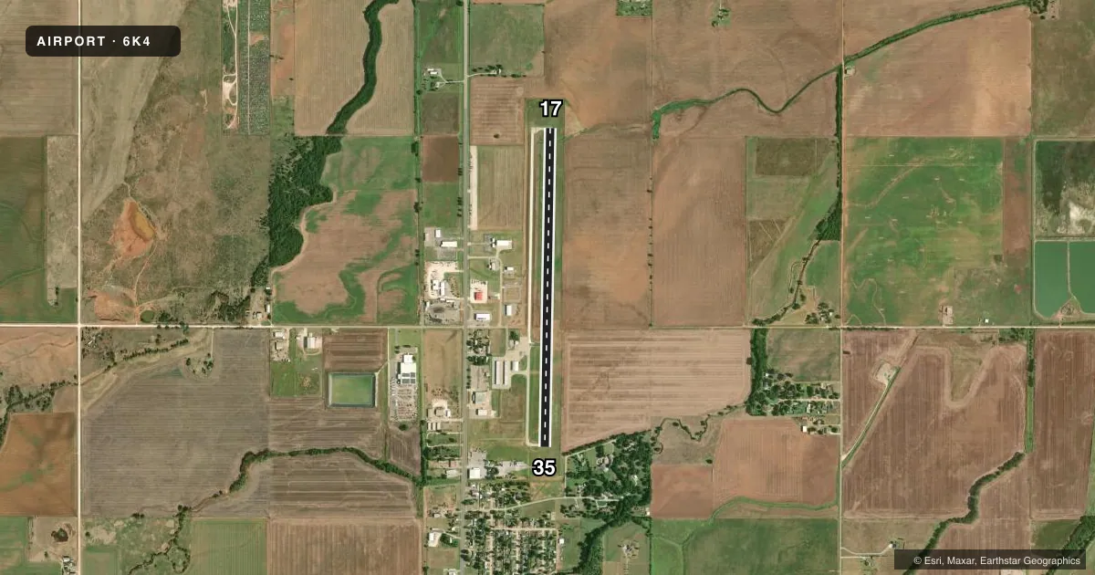 Top-down satellite sketch of 6K4 FAIRVIEW MUNI in FAIRVIEW, OKLAHOMA, showing runways 17/35 drawn to scale over Esri World Imagery