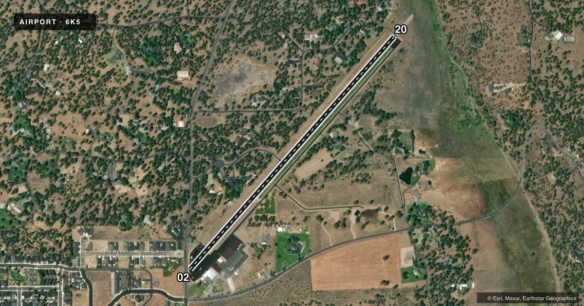 Top-down satellite sketch of 6K5 SISTERS EAGLE AIR in SISTERS, OREGON, showing runways 02/20 drawn to scale over Esri World Imagery