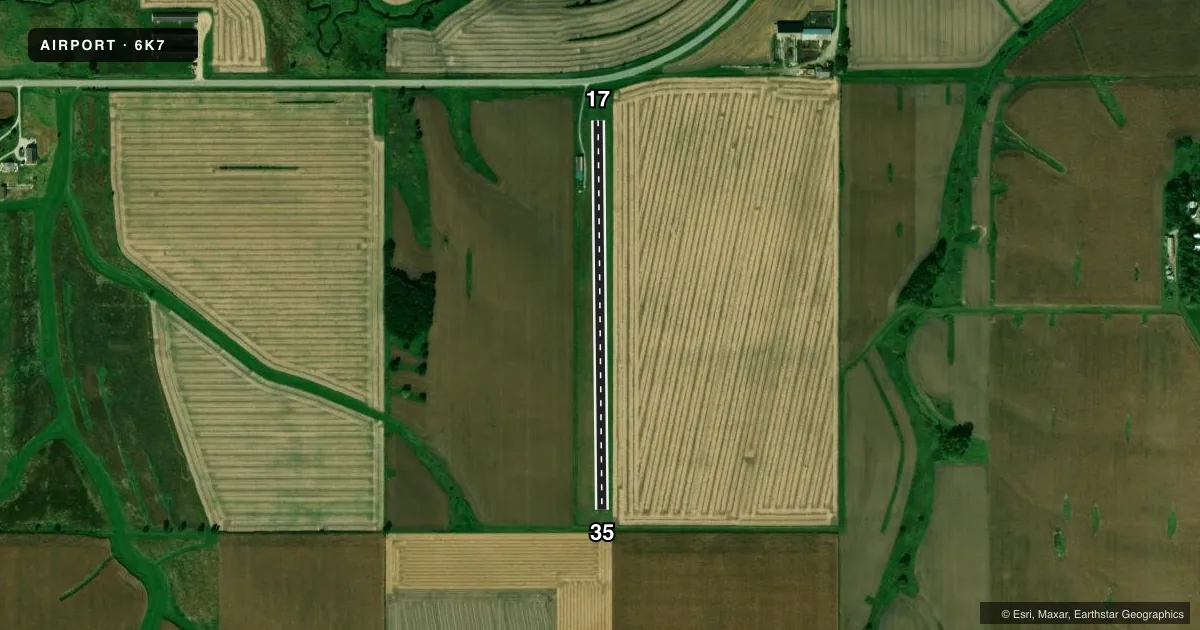 Top-down satellite sketch of 6K7 GRUNDY CENTER MUNI in GRUNDY CENTER, IOWA, showing runways 17/35 drawn to scale over Esri World Imagery