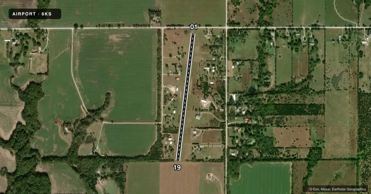 Top-down satellite sketch of 6KS BUTLER AIRPARK in ROSE HILL, KANSAS, showing runways 01/19 drawn to scale over Esri World Imagery