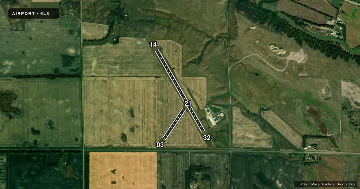 Top-down satellite sketch of 6L3 LISBON MUNI in LISBON, NORTH DAKOTA, showing runways 14/32, 03/21 drawn to scale over Esri World Imagery