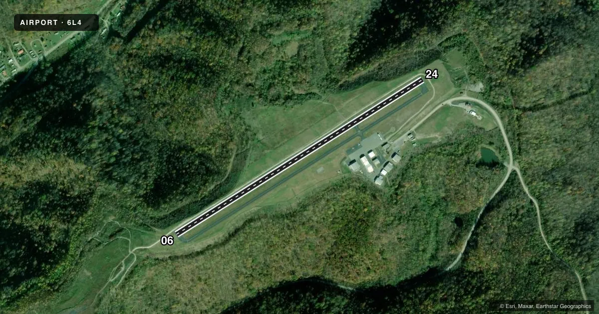 Top-down satellite sketch of 6L4 LOGAN COUNTY in LOGAN, WEST VIRGINIA, showing runways 06/24 drawn to scale over Esri World Imagery