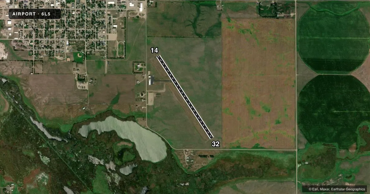 Top-down satellite sketch of 6L5 WISHEK MUNI in WISHEK, NORTH DAKOTA, showing runways 14/32 drawn to scale over Esri World Imagery