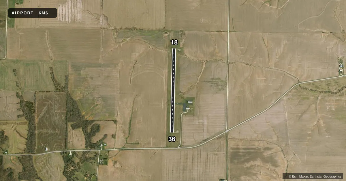 Top-down satellite sketch of 6M6 LEWIS COUNTY RGNL in MONTICELLO, MISSOURI, showing runways 18/36 drawn to scale over Esri World Imagery