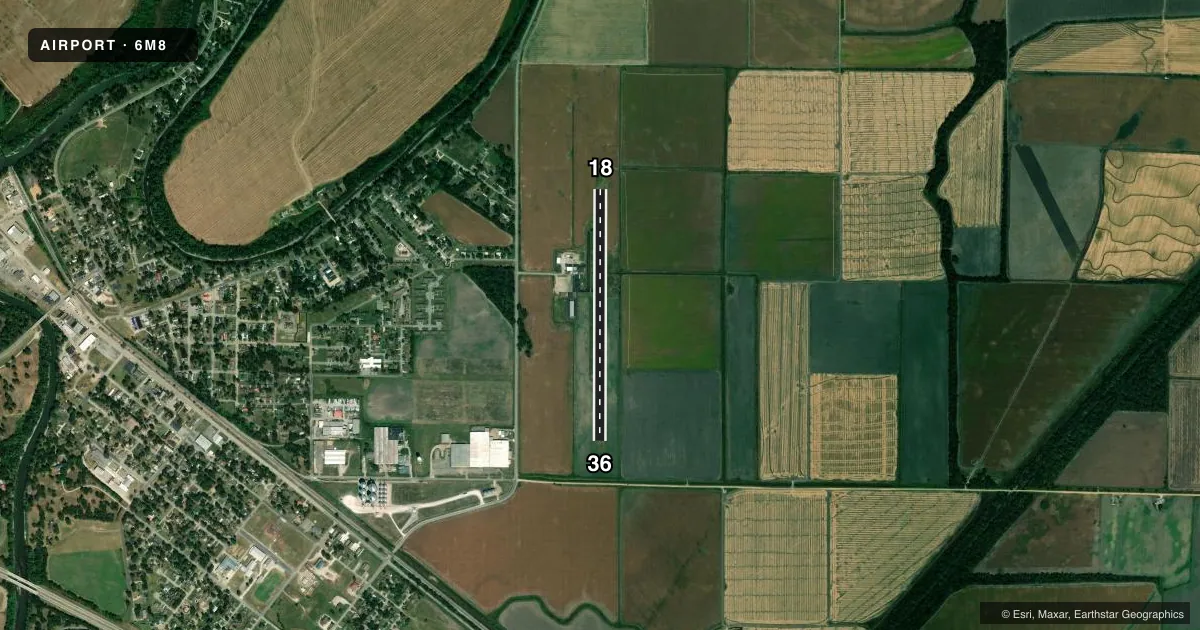 Top-down satellite sketch of 6M8 MARKED TREE MUNI in MARKED TREE, ARKANSAS, showing runways 18/36 drawn to scale over Esri World Imagery