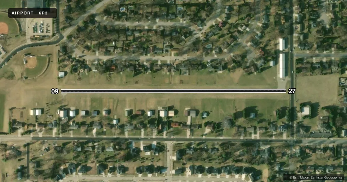 Top-down satellite sketch of 6P3 WAUNAKEE in WAUNAKEE, WISCONSIN, showing runways 09/27 drawn to scale over Esri World Imagery