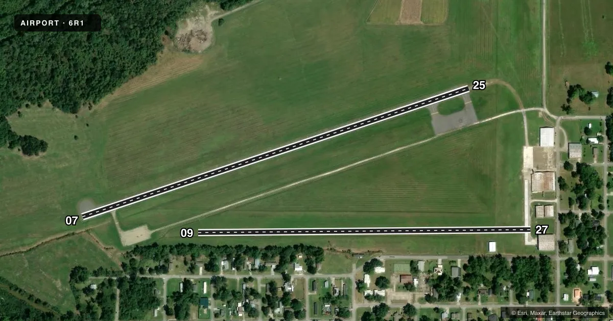 Top-down satellite sketch of 6R1 WELSH in WELSH, LOUISIANA, showing runways 07/25, 09/27 drawn to scale over Esri World Imagery