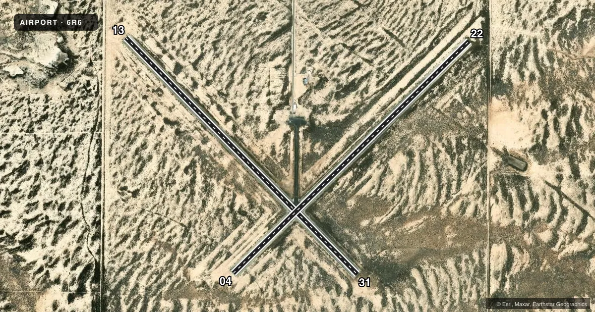 Top-down satellite sketch of 6R6 TERRELL COUNTY in DRYDEN, TEXAS, showing runways 13/31, 04/22 drawn to scale over Esri World Imagery
