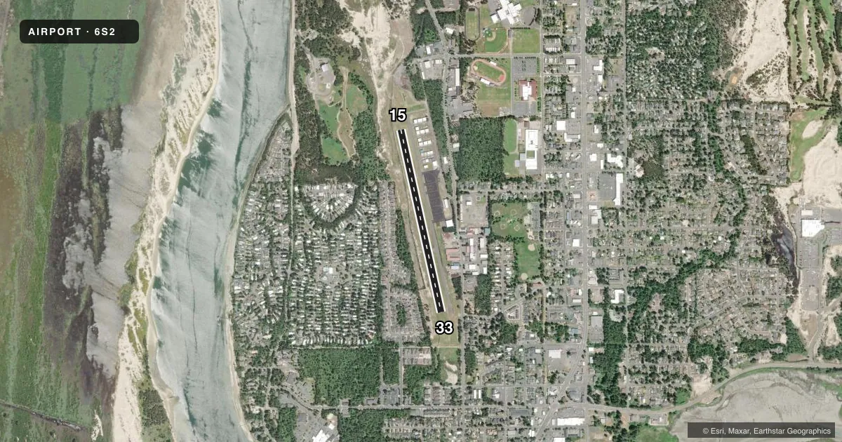 Top-down satellite sketch of 6S2 FLORENCE MUNI in FLORENCE, OREGON, showing runways 15/33 drawn to scale over Esri World Imagery