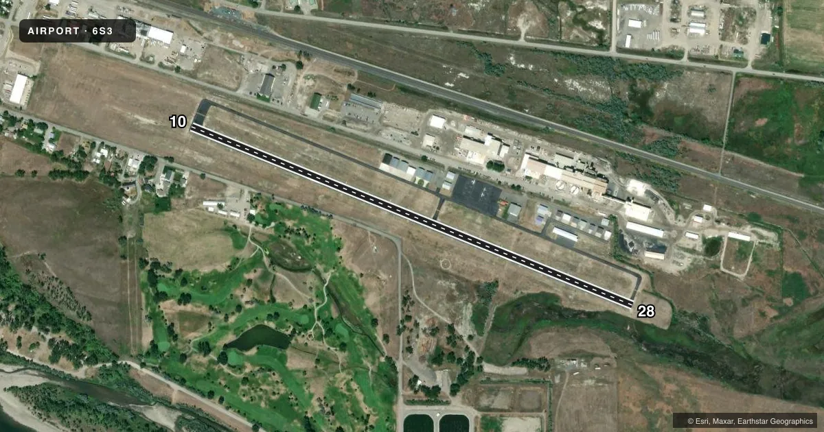 Top-down satellite sketch of 6S3 WOLTERMANN MEML in COLUMBUS, MONTANA, showing runways 10/28 drawn to scale over Esri World Imagery