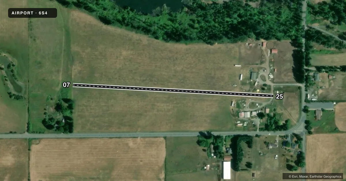 Top-down satellite sketch of 6S4 DAVIS in GATES, OREGON, showing runways 07/25 drawn to scale over Esri World Imagery