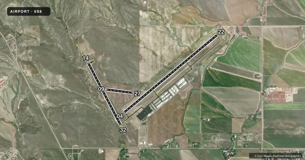 Top-down satellite sketch of 6S8 LAUREL MUNI in LAUREL, MONTANA, showing runways 04/22, 14/32, 09/27 drawn to scale over Esri World Imagery