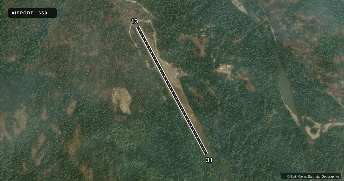 Top-down satellite sketch of 6S9 STEHEKIN STATE in STEHEKIN, WASHINGTON, showing runways 13/31 drawn to scale over Esri World Imagery