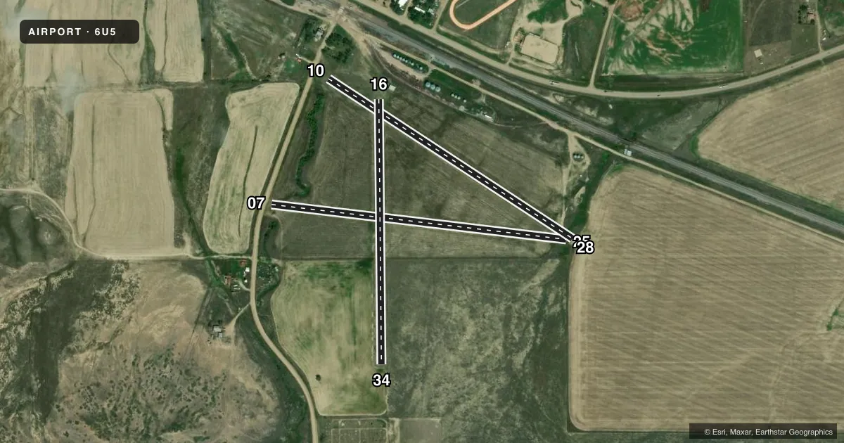 Top-down satellite sketch of 6U5 HINSDALE in HINSDALE, MONTANA, showing runways 07/25, 10/28, 16/34 drawn to scale over Esri World Imagery