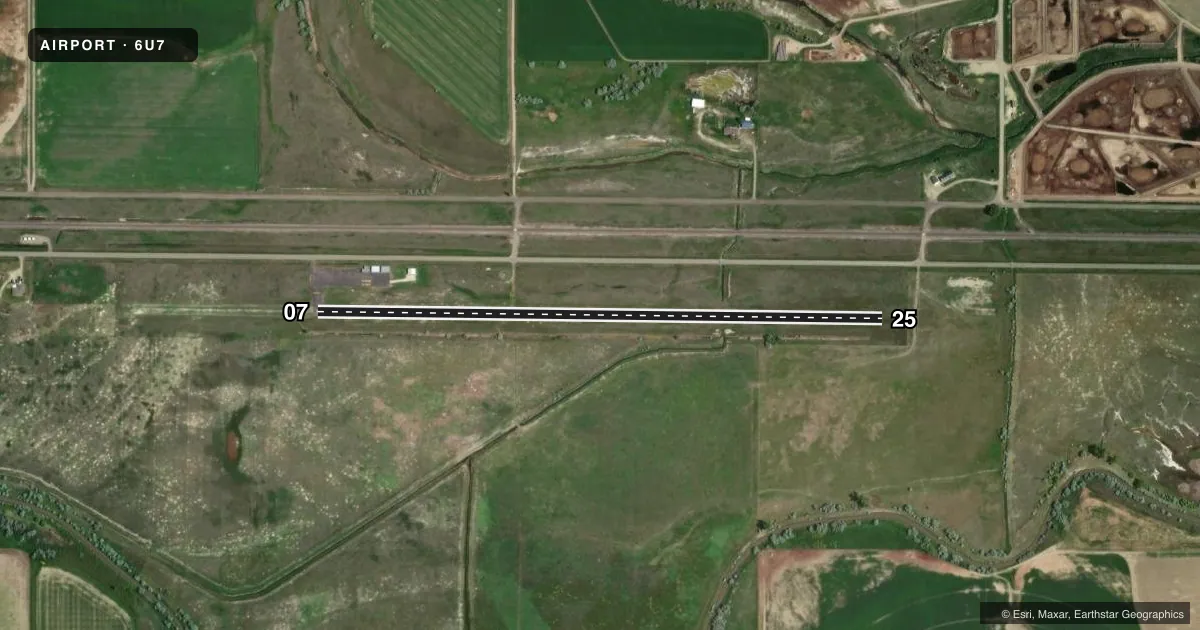 Top-down satellite sketch of 6U7 HYSHAM in HYSHAM, MONTANA, showing runways 07/25 drawn to scale over Esri World Imagery