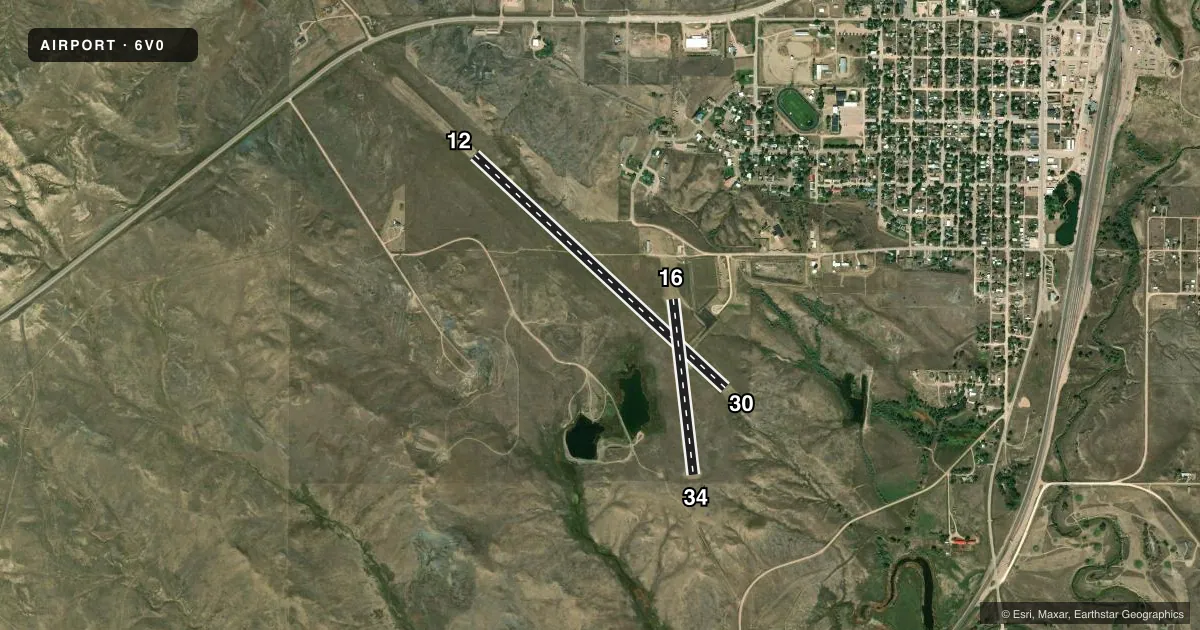 Top-down satellite sketch of 6V0 EDGEMONT MUNI in EDGEMONT, SOUTH DAKOTA, showing runways 12/30, 16/34 drawn to scale over Esri World Imagery
