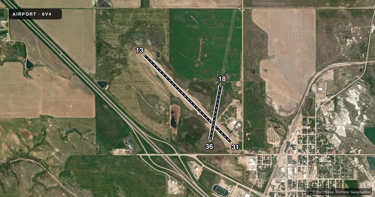 Top-down satellite sketch of 6V4 WALL MUNI in WALL, SOUTH DAKOTA, showing runways 13/31, 18/36 drawn to scale over Esri World Imagery