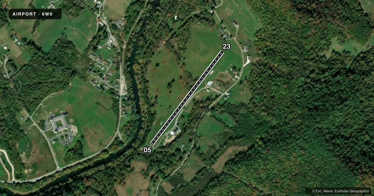 Top-down satellite sketch of 6W0 WADE F MALEY FLD in SHINNSTON, WEST VIRGINIA, showing runways 05/23 drawn to scale over Esri World Imagery