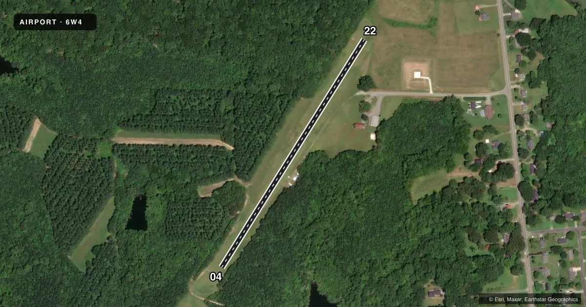 Top-down satellite sketch of 6W4 YANCEYVILLE MUNI in YANCEYVILLE, NORTH CAROLINA, showing runways 04/22 drawn to scale over Esri World Imagery