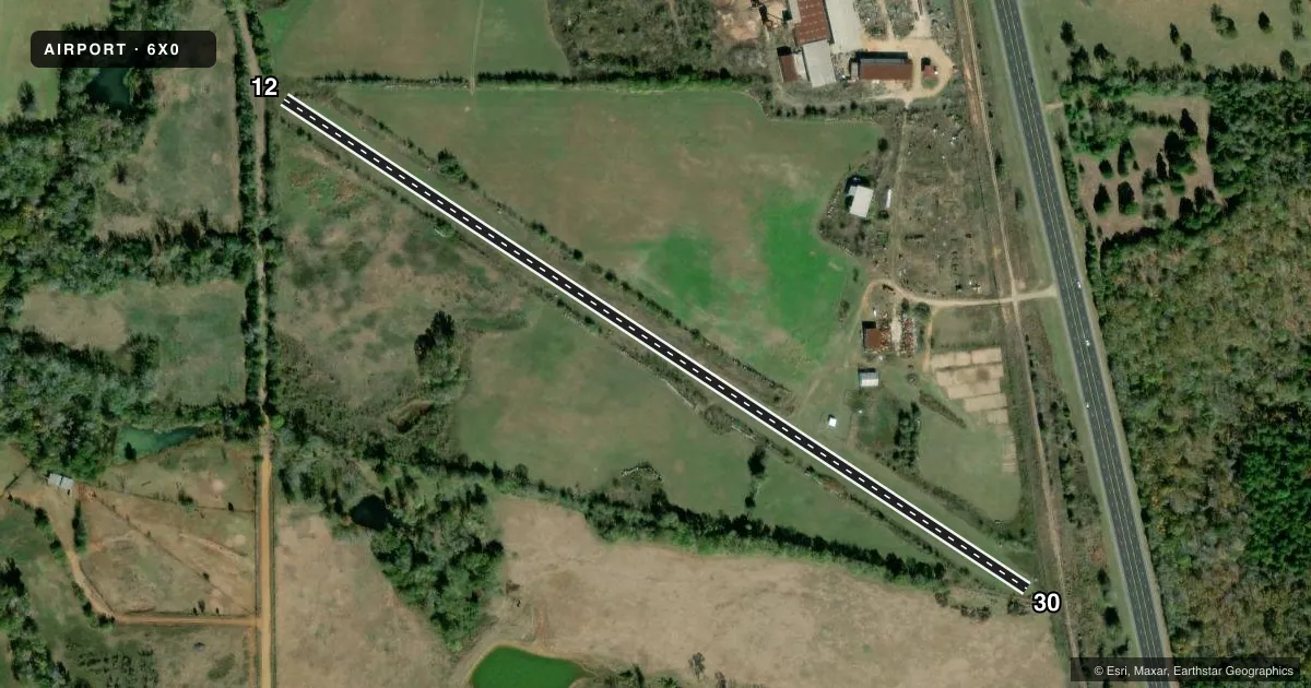 Top-down satellite sketch of 6X0 TARRANT FLD in MOUNT SELMAN, TEXAS, showing runways 12/30 drawn to scale over Esri World Imagery
