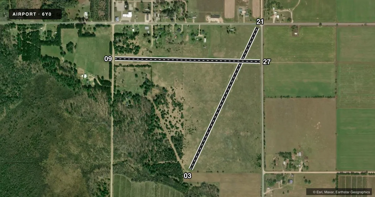 Top-down satellite sketch of 6Y0 MOORESTOWN AIRPARK in MOORESTOWN, MICHIGAN, showing runways 03/21, 09/27 drawn to scale over Esri World Imagery