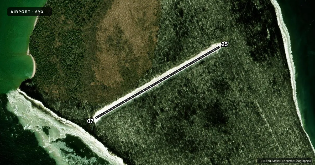 Top-down satellite sketch of 6Y3 NORTH FOX ISLAND in NORTH FOX ISLAND, MICHIGAN, showing runways 07/25 drawn to scale over Esri World Imagery