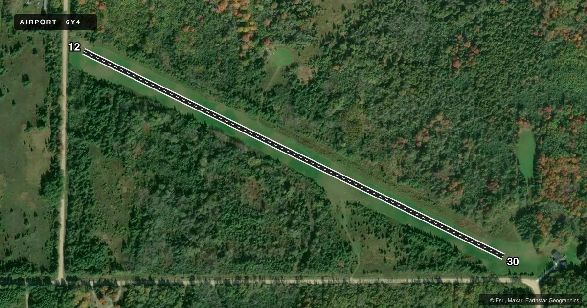 Top-down satellite sketch of 6Y4 VAN EFFEN FLD in ROCK, MICHIGAN, showing runways 12/30 drawn to scale over Esri World Imagery